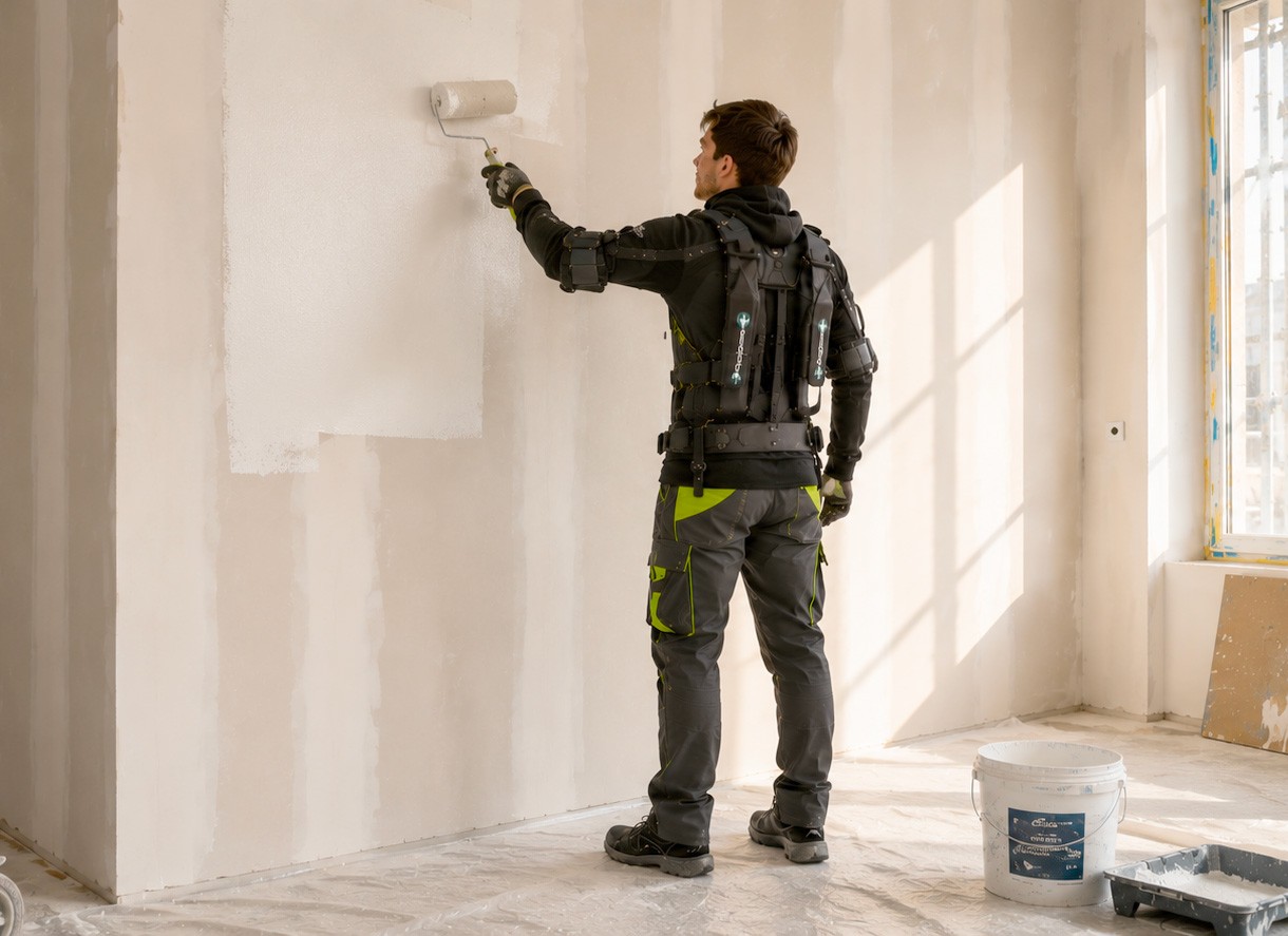 Professionnel portant l’exosquelette des bras Paulette lors d’un travail en hauteur
