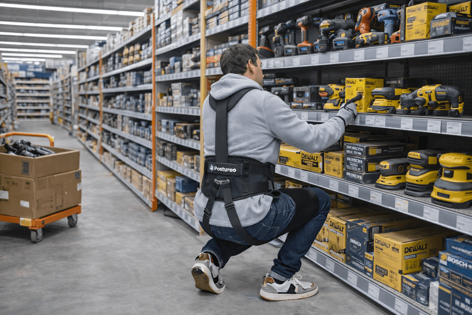 Employé de mise en rayon équipé d’un exosquelette dans un magasin de bricolage